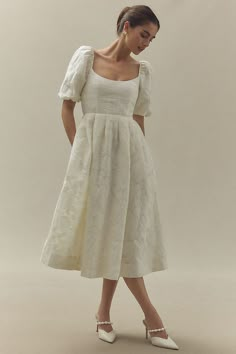 Maison Amory Maiden Short-Sleeve Jacquard Midi Dress Petal Veil, Bhldn Bride, Vintage Inspired Wedding Dresses, Anthropologie Wedding, Velvet Maxi Dress, Wedding Sale, White Midi Dress, 50 Fashion, Wedding Party Dresses