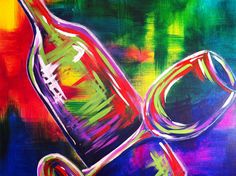 a painting of a wine bottle and corkscrew on a multicolored background