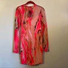 Fashion Nova Dress Long Sleeves, Orange, Brown, Pink, Size L, Mesh , New With Tag Nwt O Spring V-neck Mini Dress With Abstract Print, Fitted V-neck Mini Dress For Beach Cover-up, Red Long Sleeve Dress For Beach Cover-up, Pink Stretch Sheer Dress, Pink Sheer Stretch Dress, Stretch Long Sleeve Vacation Dress, Long Sleeve Dresses With Abstract Print For Party, Stretch Long Sleeve Dresses For Vacation, Red Sheer Dresses For Spring