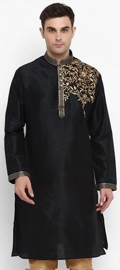 Black and Grey color Kurta in Dupion Silk fabric with Embroidered work Black Long Sleeve Traditional Wear With Embroidered Border, Diwali Black Kurta With Embroidered Border, Diwali Black Embroidered Kurta, Black Zari Work Embroidered Fabric For Diwali, Black Zari Embroidered Fabric For Diwali, Black Embroidered Fabric With Zari Work For Diwali, Elegant Black Embroidered Fabric For Diwali, Black Resham Embroidered Fabric For Festivals, Black Embroidered Fabric With Border For Eid