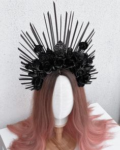 Gothic wedding halo crown, Flower Girl Crown, Black headdress, Halo crown black roses, Goddess zip tie, Woodland crown, Bridal Sun headband, Halloween halo crown headdress A gorgeous Handmade Halo crown with black flowers and leaves. The height of the composition is 6 inches (13 cm) The size of this headdress is universal for adult person. It sits soft and comfortable on the head and you can dance and move a long time. Ready to ship in 1-3 business days. All products will be shipped by fast cour Gothic Flower Crown Wedding, Gothic Halo Crown, Goth Wedding Accessories, Gothic Flower Crown, Skeleton Crown, Black Headdress, Zip Tie Crown, Sun Headband, Black Flower Crown