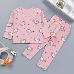 2-piece Pajamas Sets for Girl - PrettyKid Cute Cotton Sets For Home, Kawaii Cotton Sets For Sleepover, Pink Cotton Kawaii Sets, Kawaii Cotton Sleepover Sets, Pink Cotton Sleepover Set, Kawaii Cotton Pajama Party Sets, Pink Kawaii Style Sets For Sleepover, Cute Long Sleeve Home Sets, Pink Kawaii Sets For Sleepover