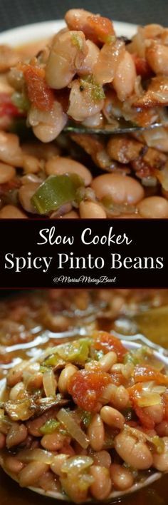 slow cooker spicy pinto beans recipe on a plate with the title in the middle