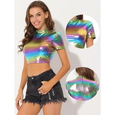 With its sleek and modern style, this short-sleeve crop top is the perfect addition to any outfit, making it instantly party-ready. Crafted with a mock neck, short sleeves, and a perfectly fitted bodice, this essential party top is sure to turn heads wherever you go. Whether you're heading to a club, night out, music festival, or any other occasion, this versatile piece can be dressed up or down to suit your style. Made from top-quality materials, this sparkle tee is not only stylish but also co Basic Crop Tops, Metallic Crop Top, Party Crop Tops, Sparkle Party, Metallic Shorts, Workout Crop Top, Short Sleeve Cropped Top, Party Tops, Halloween Women