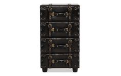 an antique style chest with three drawers and two handles on each side, in dark brown leather