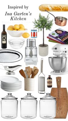 an assortment of kitchen items displayed on a white background with text that reads, inspired by ina garden's kitchen