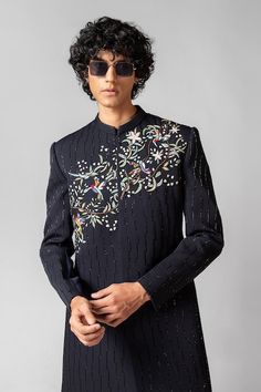 Buy Blue Stretchable Lycra Embroidery Bird Sanctuary Achkan With Pant For Men by Paarsh Online at Aza Fashions. Elegant Cotton Bandhgala For Designer Wear, Fitted Multicolor Zari Work Bandhgala, Traditional Embroidered Semi-formal Sets, Designer Sets With Floral Embroidery For Transitional Season, Embroidered Nehru Jacket For Diwali Semi-formal Occasions, Embroidered Cotton Nehru Jacket For Formal Occasions, Formal Embroidered Cotton Nehru Jacket, Festive Embroidered Traditional Wear For Semi-formal Occasions, Fitted Bandhgala With Multicolor Intricate Embroidery