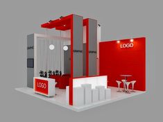 an exhibition stand with red and white accents