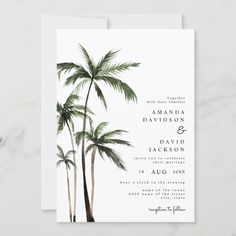 the tropical palm tree wedding card is shown