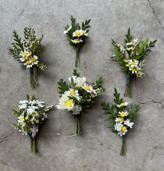 six bouquets of daisies and other flowers laid out on a stone slabd surface