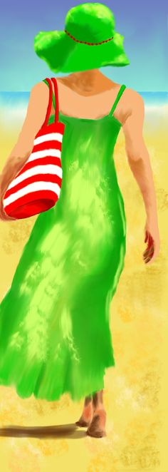 a painting of a woman in a green dress and hat walking on the beach with a red bag