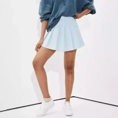 It’s Made From A Soft, Stretch Twill Fabric That Gives It A Structured Look. The Skirt Features Pleats All Over, A Super High Rise, And An Exposed Back Zipper. It Also Has Side Pockets. High Waist Light Blue Skirt, Casual High Waist Stretch Pleated Skirt, Casual Mini Pleated Skirt With Elastic Waistband, Trendy High Waist Light Blue Skirt, Blue High-waisted Stretch Tennis Skirt, Casual Mini Hem Skort With Relaxed Fit, Casual Flared Tennis Skirt With Elastic Waistband, Casual Mini Hem Pleated Skirt, Blue Pleated Mini Denim Skirt