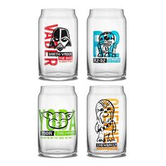 four star wars glasses with different designs on them