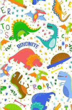 an image of children's wallpaper with dinosaurs and letters on white background