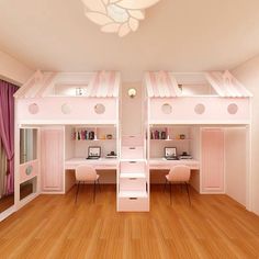 a room with bunk beds, desks and chairs on the wooden floor in front of pink curtains