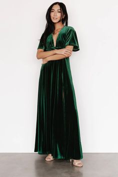 Berenice Velvet Maxi Dress | Champagne | Baltic Born Formal Dark Green V-neck Dress, Dark Green V-neck Party Dress, Chic Green Velvet Dress, Green Flutter Sleeve Evening Dress, Emerald Green Color, Baltic Born, Velvet Maxi Dress, Velvet Maxi, Maxi Dress Navy