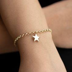 14k Real Gold Bracelet | Thick Rolo Chain, 3D Star Charm | Fine Jewelry in Celestial Puffy Star Minimalist Bracelet for Everyday Use *Free Express International Shipping *Free returns within 14 days from the order date. NEXT BUSINESS DAY SHIPPING! PRODUCT DETAILS *The product is made of 100% 14k Solid Gold and it has a 14K or 585 stamp on item. (We don't sell filled or plated jewelry) *The package includes a gold certificate. *Every package comes in a gift box. *14K gold indicates that the produ Star Minimalist, Real Gold Bracelet, Bracelet Thick, Gold Certificate, Bracelet Size Chart, 3d Star, Gold Armband, Minimalist Bracelet, Rolo Chain