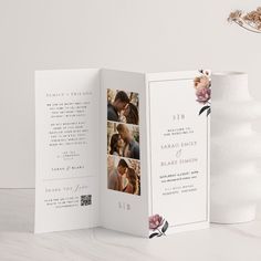 a wedding program booklet with two photos and flowers on the front, inside and out