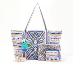 America and Beyond Embellished Tote w/ Two Pouches - QVC.com Beaded Bag For Everyday Use During Beach Season, Travel Multicolor Beaded Shoulder Bag, Summer Travel Beaded Bags, Free Spirit Style, Bag For Travel, Favorite Handbags, Perfect Handbag, Outdoor Market, Wristlet Clutch