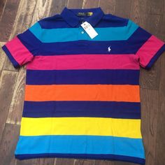 Polo Stripe Collar Shirt . Size M True To Size New With Tag. Rare Print First Style In Picture . Second Style Available Upon Request Via Message App. Casual Blue Color Block Shirt, Fitted Rainbow Short Sleeve Tops, Multicolor Polo Collar Top For Summer, Summer Color Block Polo Collar Shirt, Summer Short Sleeve Color Block Polo Shirt, Summer Color Block Short Sleeve Polo Shirt, Vibrant Yellow Short Sleeve Tops, Multicolor Collared Color Block Tops, Colorful Cotton Color Block Tops