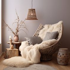 a wicker chair with two pillows on it in front of a wooden table and potted plant