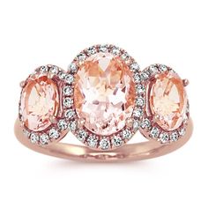 Morganite and Diamond Ring in 14k Rose Gold | Shane Co. Beautiful Gemstones, 3 Stone Rings, Platinum Jewelry, Morganite Ring, Filigree Design, Sapphire Jewelry, Morganite, Cleaning Jewelry, Stone Ring