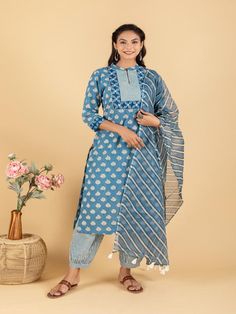 Blue Floral Printed Embroidered Yoke Kurta Set (Set of 3) By Shemohe now available at Trendroots Indigo Printed Straight Kurta Set, Spring Block Print Straight Kurta Set, Festive Bandhani Print Sets For Spring, Festive Spring Sets With Bandhani Print, Indigo Straight Kurta Set For Eid, Traditional Block Print Sets For Spring, Bohemian Indigo Straight Kurta Set, Indigo Block Print Sets For Diwali, Indigo Sets With Printed Motifs For Eid