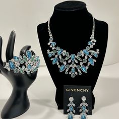 Givenchy Crystal Statement Necklace / Vintage Givenchy Bracelet Earrings Luxury Blue Jeweled Jewelry, Blue Fine Jewelry For Party, Party Jewelry With Gemstone Accents And Crystal, Hand Set Blue Jewelry For Party, Turquoise Gemstone Party Jewelry, Blue Costume Jewelry For Formal Occasions, Elegant Turquoise Jewelry With Jewels, Luxury Blue Jewelry For Party, Elegant Turquoise Jewelry Set For Party