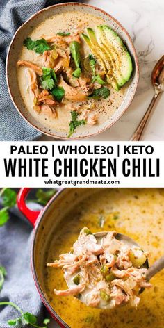 two pictures with different types of food in them and the words paleo i wholed keto white chicken chili