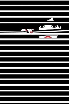 a woman's face is peeking out from behind the lines of black and white stripes