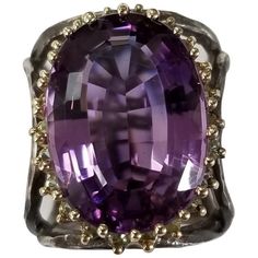 Amethyst Oval 21.87 Carat With Peridot 14 Karat Yellow Gold And Silver Gresha Wide Silver Band, Smokey Topaz, Brown Diamond, Pretty Rings, Yellow Sapphire, Smokey Quartz, Brilliant Diamond, Amethyst Ring, Yellow Gold Rings