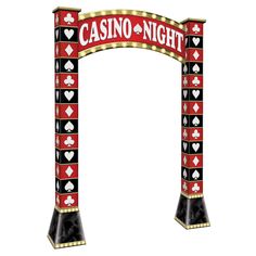 a red and black casino night arch with playing cards on the front, white background