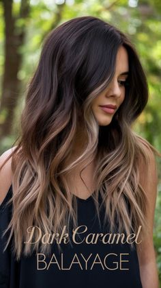 Achieve a timeless look with this stunning Dark Caramel Balayage style for 2025. The soft transitions between dark roots and caramel tones create a natural, dimensional effect, perfect for any season. Whether you're embracing a relaxed, boho vibe or a polished, sophisticated look, this balayage idea offers versatility and charm. Save this pin for your next salon appointment! 🍁💇‍♀️ #CaramelBalayage #HairColorTrends #BalayageLove #2025Hair Colors For Balayage, Caramel Balayage Shadow Root, Dark Long Balayage Hair, Cute Balayage Hair Brunettes, Dark Brown Hair Balayage Extensions, Long Dark Brown Hair Balayage Money Piece, Dark Contrast Hair, Dark To Medium Brown Balayage, Olive Skin Tone Hair Color Balayage