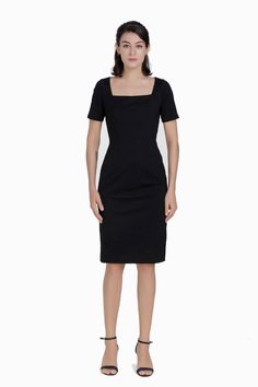 A dress with a basic shape, black always exudes mystery and elegance to the wearer, never out of fashion. A smart choice for both work and after-work wear, this square-neck dress offers impressive versatility. The one-piece dress has a classic silhouette, comfortable and flattering design, with a bit of stretch for flexibility. Made of stretchy and soft material, very comfortable to wear, short sleeve dress, square neck, split back, delicate pleated bodice, knee length, fit but still comfortable Chic Bodycon Midi Dress With Square Neck, Black Mini Dress With Fitted Bodice And Straight Neckline, Solid Square Neck Bodycon Dress, Solid Color Square Neck Bodycon Midi Dress, Bodycon Square Neck Midi Dress, Fitted Dress With Straight Neckline, Solid Color Bodycon Dress With Square Neck, Fitted Solid Dress With Straight Neckline, Bodycon Square Neck Midi Dress In Solid Color