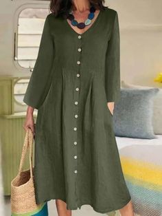 Green V-neck Maxi Dress With Button Closure, Casual A-line Maxi Dress With Buttons, V-neck Shirt Dress With Buttons, Casual Long Sleeve Midi Dress With Button Cuffs, Casual Button-up Midi Dress, Casual A-line Maxi Dress With Button Closure, Casual Solid Shirt Dress With Button Closure, Solid V-neck Midi Dress With Button Closure, Casual Button-up Maxi Dress With Pockets