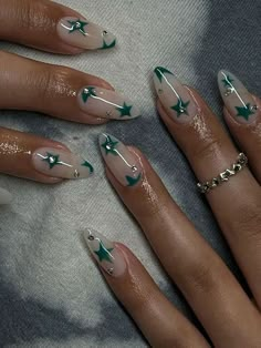 Green Nails Heart Design, Nails That Go With A Green Prom Dress, Cute Tomboy Nail Ideas, Nail Inspo Ideas Acrylic, Short Green Stilleto Nails, Sage Green Nails With Stars, Light Green Nail Inspo Acrylic, Red Nails W Design, Minimalist Rhinestone Nail