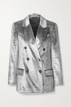 Brunello Cucinelli's metallic blazer is a glamorous take on classic tailoring. Made from plush velvet, it has a double-breasted front and padded shoulders that enhance the slightly loose silhouette. Wear yours as a suit with the label's coordinating pants. Silver Blazer, Dark Academia Outfits, Academia Outfits, Blazer Beige, Winter Formal, Black Tweed, Velvet Blazer, Velvet Jacket, Double Breasted Blazer