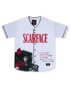 Rock this officially licensed Scarface Baseball Jersey and show off your fandom. This jersey features a portrait of Al Pacino and an iconic quote from the movie making it perfect for any Scarface fan. Exclusively at Spencer's Length: 32.3" from shoulder to hem Short sleeves Regular fit Tagged Material: Polyester Care: Spot clean Imported Letter Print Baseball Jersey For Streetwear, Streetwear Fan Apparel Baseball Jersey With Letter Print, Streetwear Baseball Jersey With Letter Print, Cotton Baseball Jersey For Streetwear, Cotton Baseball Jersey With Letter Print For Fans, Crew Neck Baseball Jersey With Graphic Print For Fans, Pre-shrunk Cotton Baseball Jersey For Streetwear, Graphic Print Crew Neck Baseball Jersey For Streetwear, Movie Making