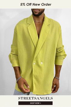 Men Solid Color Single Button Long Sleeve Loose Turn-down Collar Blazers Business Outerwear For Summer With Long Sleeves, Summer Business Outerwear With Long Sleeves, Long Sleeve Summer Business Outerwear, Casual Yellow Blazer With Long Sleeves, Casual Yellow Long Sleeve Blazer, Mens Spring Jackets, Streetwear Winter, Hoodies Men Style, Yellow Coat