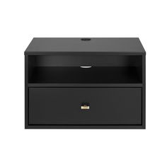 a black nightstand with two drawers on the bottom and one drawer open to reveal an item