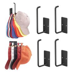 four pairs of hats hanging from hooks