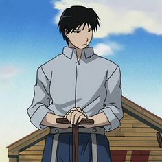 an anime character standing in front of a house with his hands on two canes