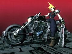 a person sitting on a motorcycle in front of a red background with text that reads final fantasy