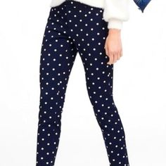 This Is A Brand New Banana Republic Sloan Skinny Fit Polka Dot Pant. It Comes In The Color Navy Blue And White And Also Comes In A Size 8. Summer Stretch Polka Dot Bottoms, Chic Polka Dot Long Pants, Fitted Polka Dot Casual Bottoms, Spring Polka Dot Cotton Pants, Chic Polka Dot Fitted Pants, Chic Fitted Polka Dot Pants, Fitted Polka Dot Chic Pants, Polka Dot Bottoms For Workwear, Chic Polka Dot Trousers