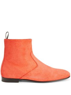 lava orange suede tonal stitching silver-tone hardware panelled design almond toe side zip fastening pull-tab at the heel branded leather insole leather outsole Suede Ankle Boots, Giuseppe Zanotti, Suede Leather, Side Zip, Metallica, Almond, Fashion Branding, Men's Shoes, Shoe Boots