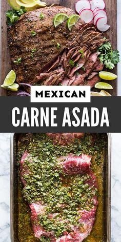 mexican carne asada with fresh herbs and sliced radishes on the side