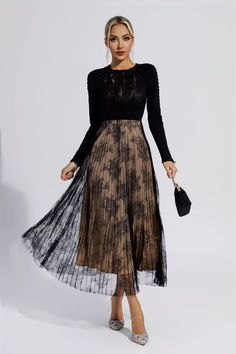 Spring Evening Lace Dress With Lace Cuffs, Elegant Winter Dresses With Lace Trim, Fall Party Dress With Lace Top, Fall Lace Dress With Lace Trim, Black Lace Dress With Lace Cuffs, Elegant Long Sleeve Dress With Lace Trim For Parties, Elegant Long Sleeve Lace Dress For Evening, Spring Long Sleeve Dresses With Contrast Lace, Chic Fall Lace Dress With Patchwork