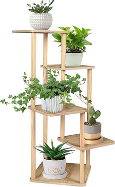 three tiered wooden plant stand with plants in pots on top and below the shelves