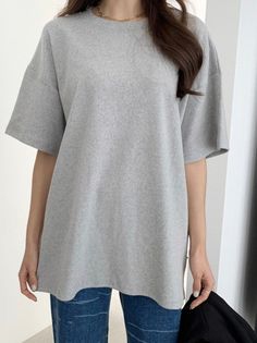 Womens Soft Fleece Cotton Basic Style Half Sleeve Long T image 5 Gray Crew Neck T-shirt For Loungewear, Gray Winter Loungewear T-shirt, Basic Crew Neck Winter Tops, Oversized Plain T-shirt For Fall, Oversized Plain Gray T-shirt, Gray Plain Tops For Winter, Oversized Heather Grey Winter Top, Gray Plain Winter Tops, Plain Gray Winter Tops