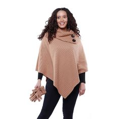 The pleated fleece of this poncho adds texture and depth and makes it a perfect extra layer to top whatever you are wearing. The pleated fleece of this poncho adds texture and depth and makes it a perfect extra layer to top whatever you are wearing. Includes: poncho, matching gloves Button detail Single-layer Midweight fleece No sleeves for extra mobilityFIT & SIZING One size fits mostFABRIC & CARE Polyester Machine wash Imported Color: Brown. Gender: female. Age Group: adult. Winter Poncho In One Size, One Size Winter Poncho, One Size Winter Poncho In Solid Color, Cozy Poncho For Winter, Cozy Solid Poncho For Winter, Winter Beige Poncho For Cold Weather, Button Shawl, Fleece Poncho, Pointed Flat Collar